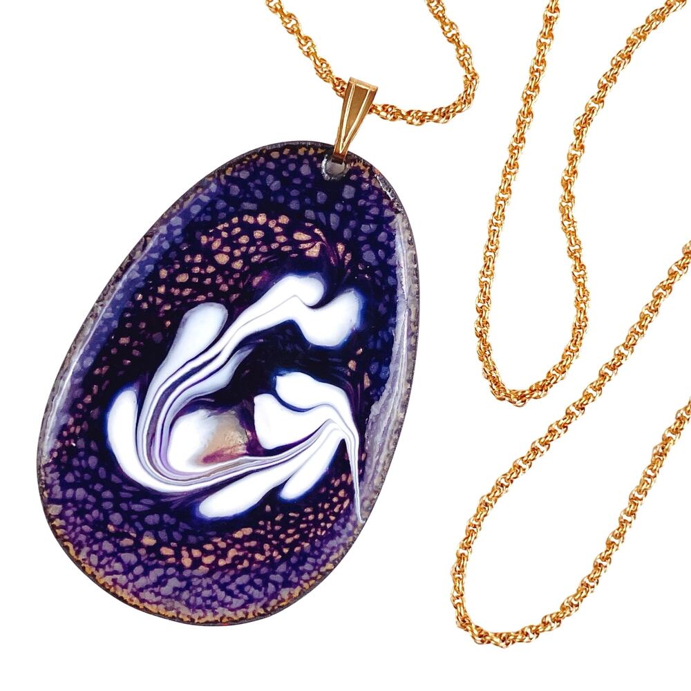 Mid Century Enamel Pendant Purple White Abstract VTG 1960s Necklace Modernist